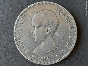 Moedas de Espanha: Moneda plata 5 pesetas 1892, Alfonso XIII anverso antiguo estrella 92, PG/M Km-689 MBC